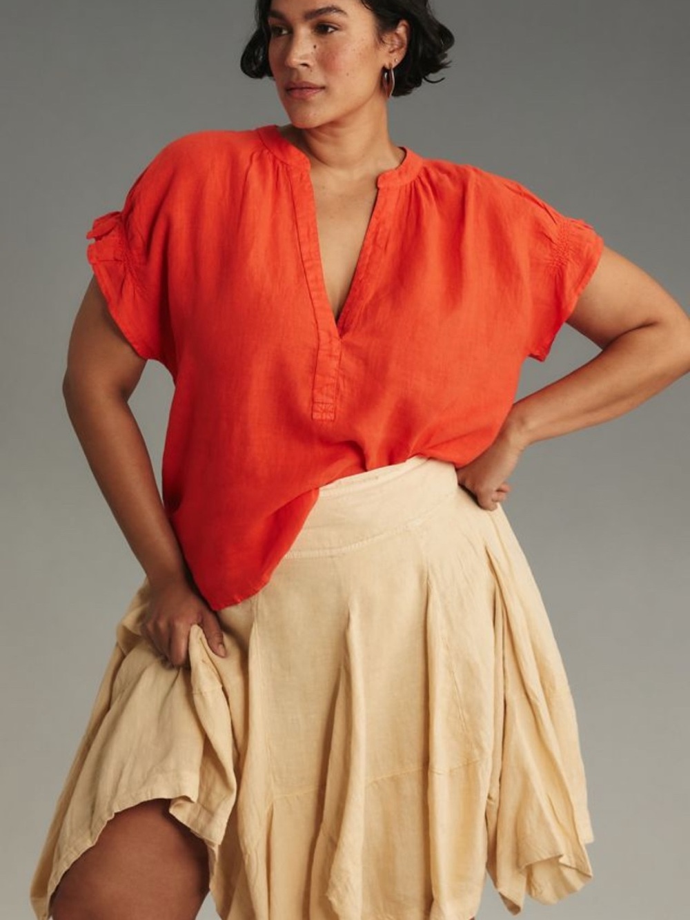 Anthropologie Pilcro Tatum Linen Flutter Sleeve Blouse Coral 2X